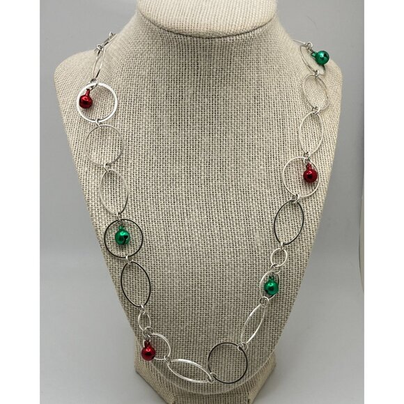 Christmas Jingle Bell Necklace Silver Tone Chain with Red Green Accents Holiday - Picture 2 of 6